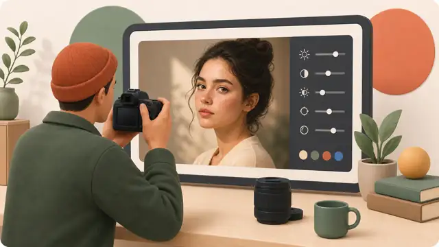 Unified illustration of a photographer refining images with AI editing